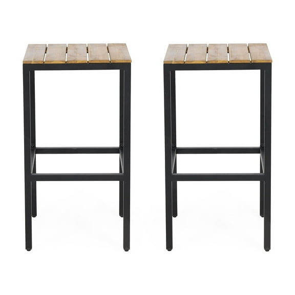 Alan Outdoor Modern Industrial Acacia Wood Bar Stools, Set of 2, Teak, Black