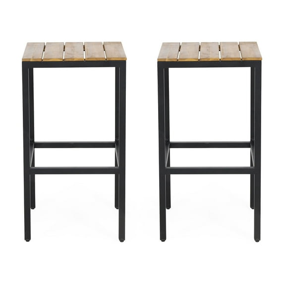 Alan Outdoor Modern Industrial Acacia Wood Bar Stools, Set of 2, Teak, Black