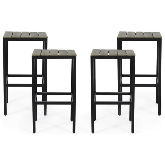 Alan Outdoor Modern Industrial Acacia Wood Bar Stools, Set of 4, Gray, Black