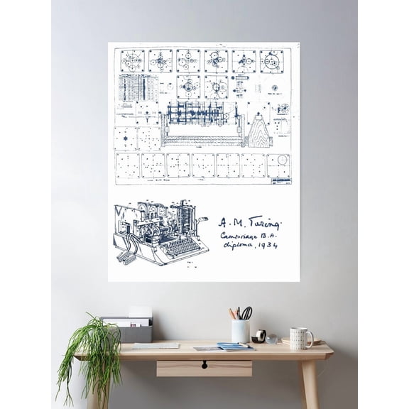 Alan Turing Machine Blueprint Poster Wall Art, Modern Wall Decor For Living Room Bedroom, 24x36 UNFRAMED