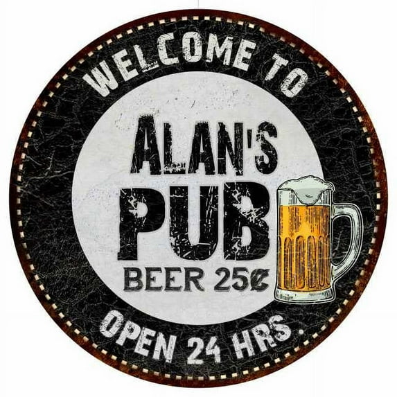 Alan's Pub 14" Round Metal Sign Beer Bar Black Wall Decor Gift 100140039035