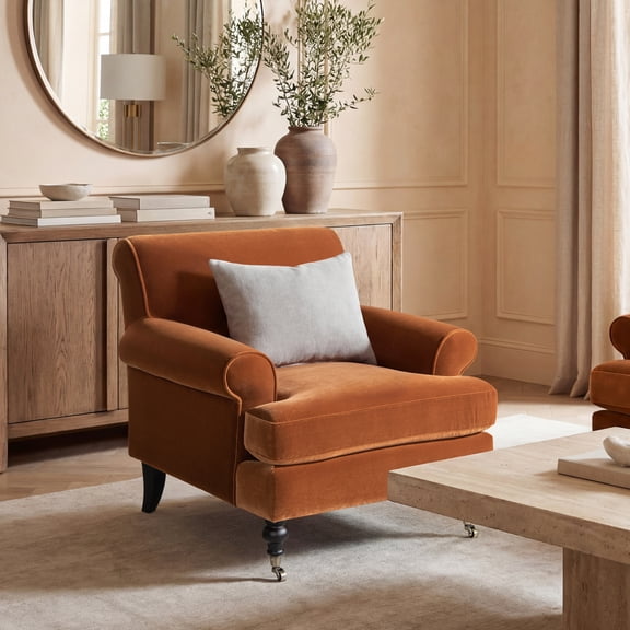 Alana 38" Lawson Accent Arm Chair Metal Casters, Burnt Orange Performance Velvet