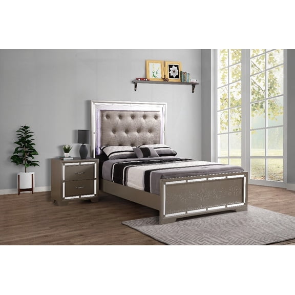 Alana G6800A-FB Full Bed (3 Boxes), With Mirror Accents and Tufted Headboard, Silver Champagne