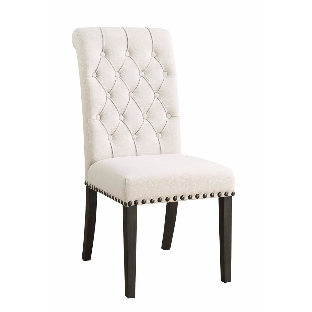 High-Back Beige Linen Upholstered Side Chair with Tufted Detail