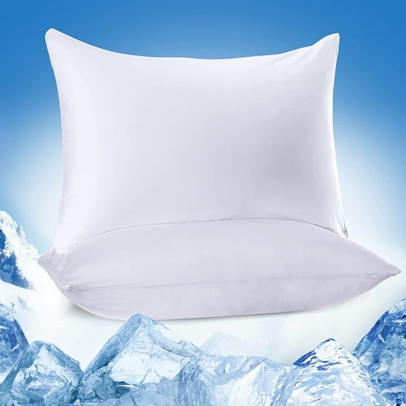 Alanda Cooling Pillowcase Queen Size, Dual-Sided with Cooling & Cotton Design, Breathable & Skin-Friendly Zippered Pillowcase for All-Season Use, 2 Pack, White, 20"x 30"