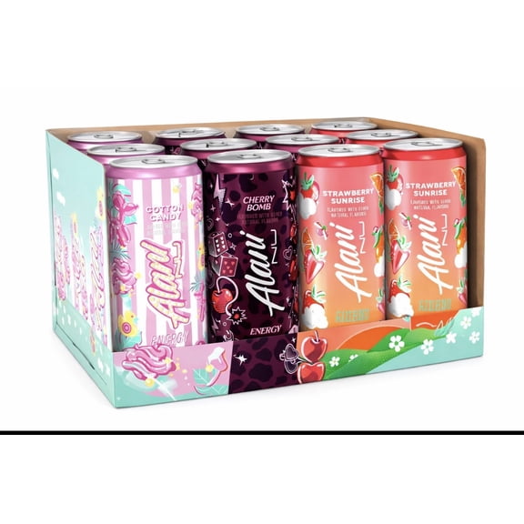 Alani Energy Drink Variety Pack Cotton Candy Cherry Bomb Strawberry Sunrise Flavors 12 Count