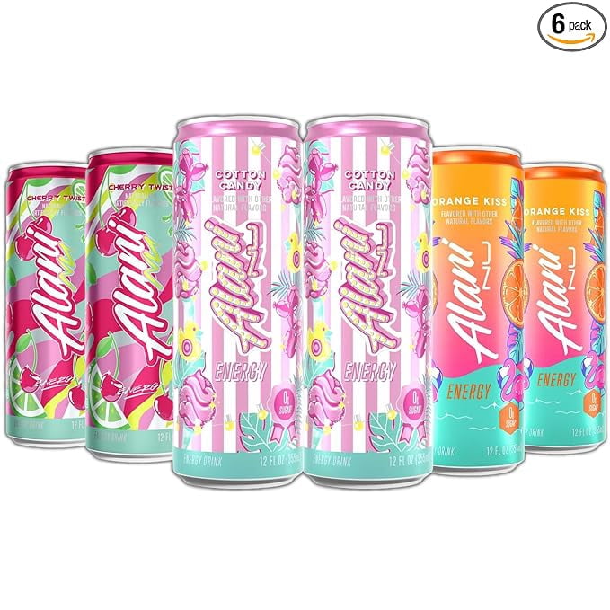 Alani Energy Drinks Cotton Candy, Orange Kiss, Cherry Twist - Limited Edition Variety Pack, Sugar-Free, Low-Calorie, 200mg Caffeine, Energy Boost Drink 12 fl oz (Pack of 6)