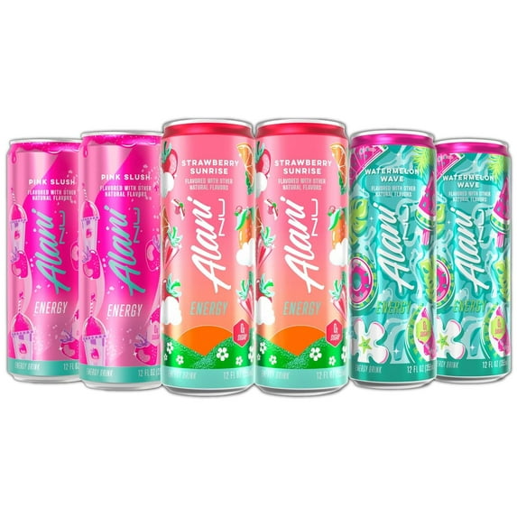 Alani Energy Drinks Strawberry Sunrise, Watermelon Wave, Pink Slush Flavors Variety Pack Sugar-Free, Low-Calorie, 200mg Caffeine, Energy Boost Drink 12 fl oz (Pack of 6)
