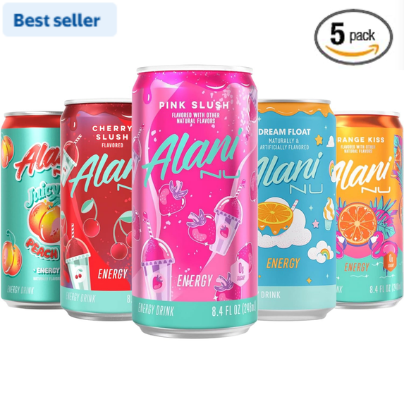 Alani Mini Pink Slush, Cherry Slush, Dream Float, Orange Kiss, Juicy Peach Suger Free, Low-Calorie Energy Drinks 8.4 Fl Oz (Pack of 5)