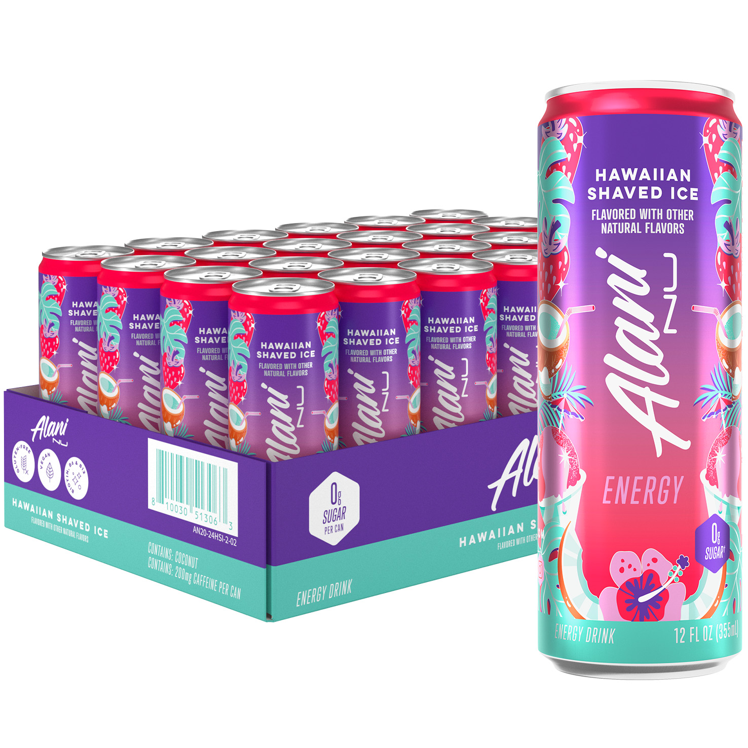 Alani Nu Sugar Free Energy Drink, Hawaiian Shaved Ice, 12 fl oz, 24 Pack, Cans, 200mg Caffeine