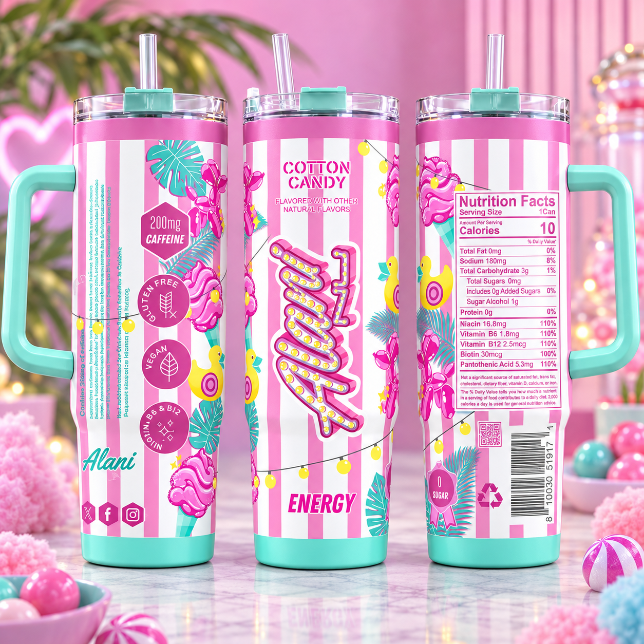 Alani Nu Cotton Candy Energy Drink Inspired Pink Striped Tropical Candy ...