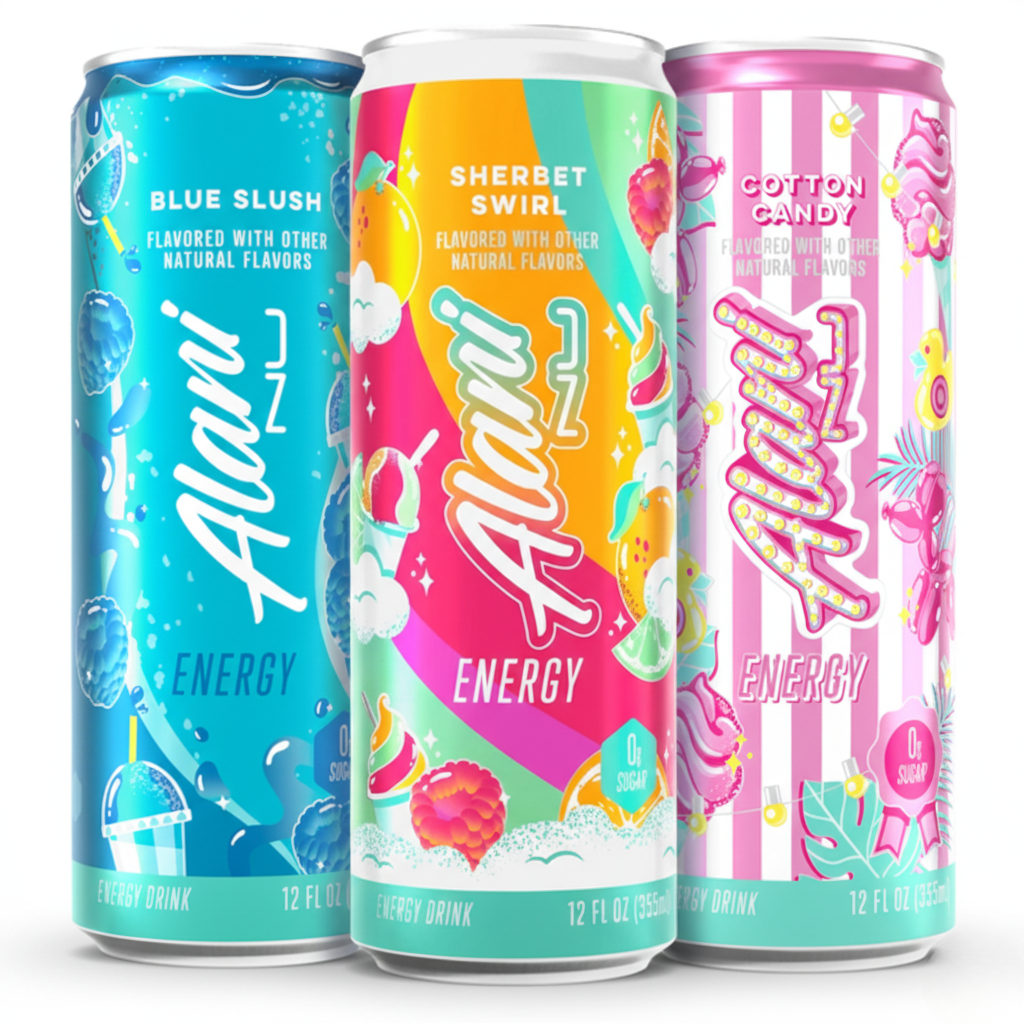 Alani Nu Energy Drink, Cotton Candy , Sherbet Swirl , Blue Slush Variety Pack,Sugar-Free, Low-Calorie, 200mg Caffeine, Energy Boost Drink 12 fl oz (Pack of 3)