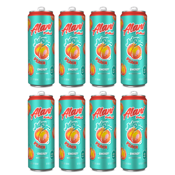 Alani Nu Energy Drink Juicy Peach Flavor 12 fl oz Cans, 8 Pack Low Calorie Sugar Free Energy Beverage
