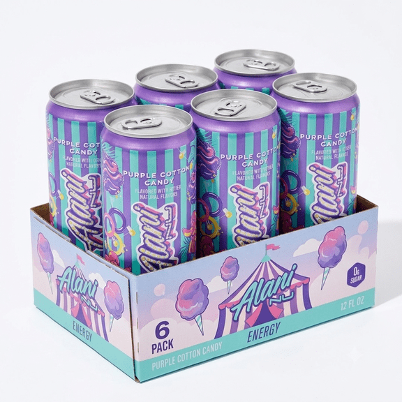 Alani Nu Energy Drink, Purple Cotton Candy, 12 fl oz Cans, 6 Pack