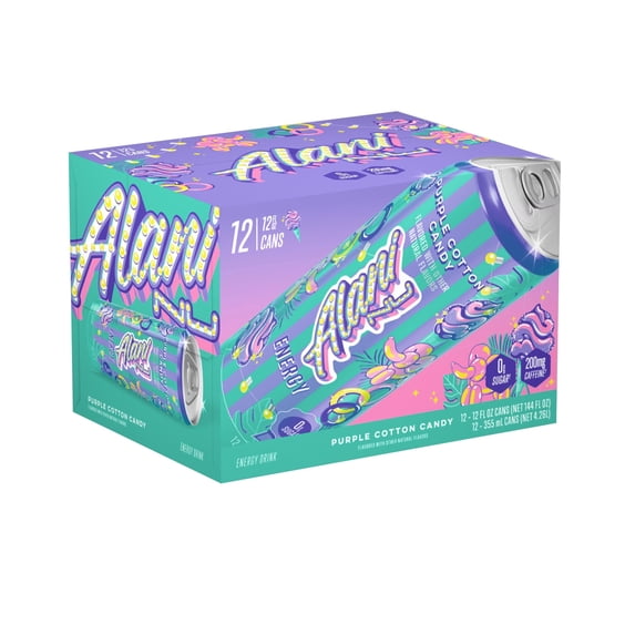 Alani Nu Energy Drink, Purple Cotton Candy Flavor, 12 fl oz Cans, 12 Pack