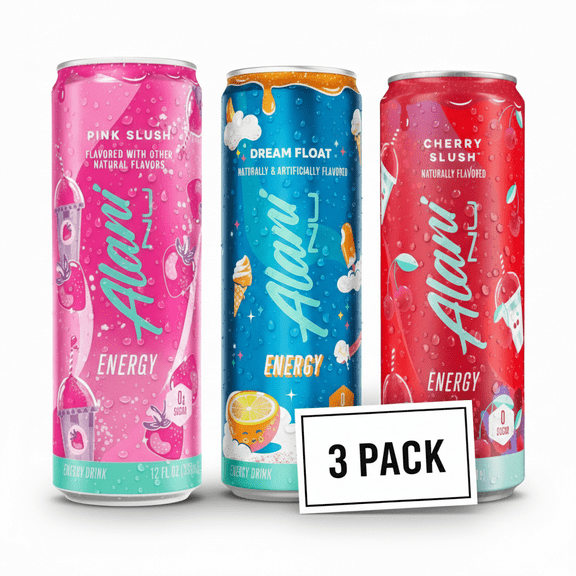 Alani Nu Energy Drink Variety Pack, 12 fl oz Cans (Pack of 3), Pink Slush, Dream Float & Cherry Slush, Zero Sugar, 200mg Caffeine