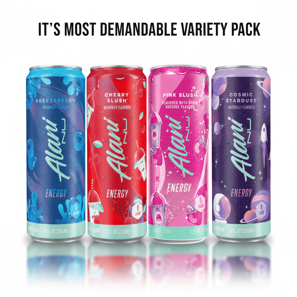 Alani Nu Energy Drink Variety Pack, 12 fl oz Cans (Pack of 4), Cosmic Stardust, Breezeberry, Cherry Slush & Pink Slush, Zero Sugar