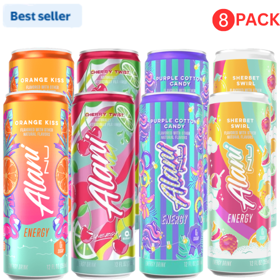 Alani Nu Energy Drink Variety Pack, Cherry Twist, Orange Kiss, Sherbet Swirl & Purple Cotton Candy Flavors, Zero Sugar, 12 fl oz Cans, 8 Pack