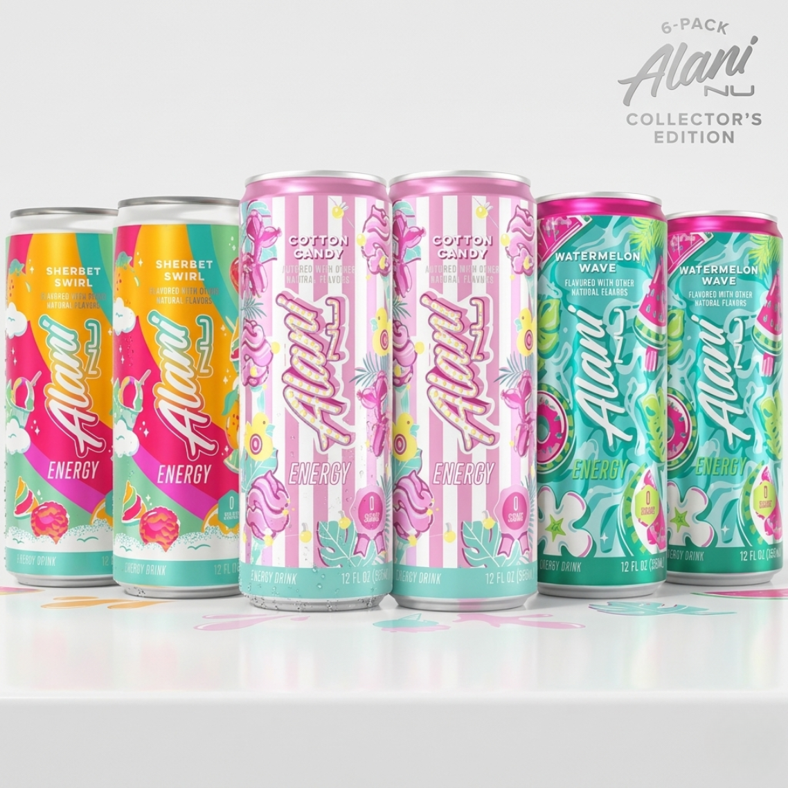 Alani Nu Energy Drink Variety Pack – Cotton Candy, Sherbet Swirl & Watermelon Wave, Sugar-Free, Low Calorie, 200mg Caffeine, Performance Energy Beverage, 12 fl oz Cans (6 Pack)