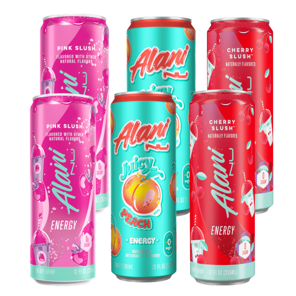 Alani Nu Energy Drink Variety Pack, Juicy Peach , Pink Slush, & Cherry Slush 12 fl oz Cans, 6 Count