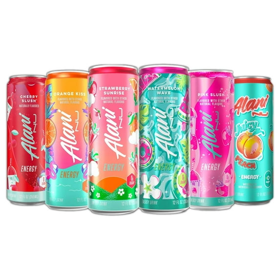 Alani Nu Energy Drink Variety Pack Strawberry Sunrise, Pink Slush, Watermelon Wave, Cherry Slush, Orange Kiss, Juicy Peach, Sugar-Free, 12 fl oz (Pack of 6)