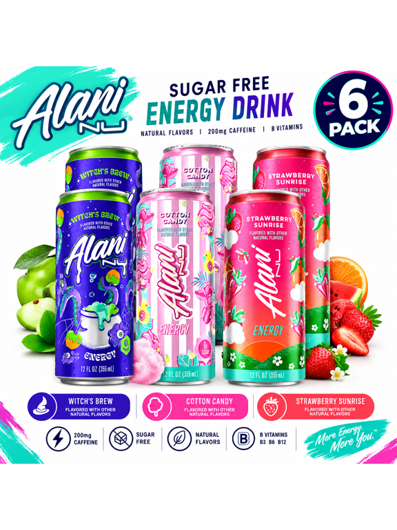 Energy Drink Variety Pack, Witchs Brew, Cotton Candy & Strawberry Sunrise, Sugar Free, 12 fl oz Cans (6 Pack)