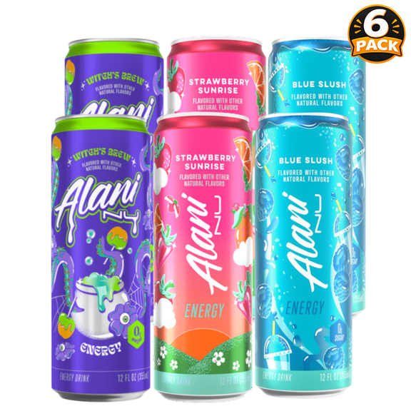 Alani Nu Energy Drink Variety Pack,Witches Brew, Strawberry Sunrise & Blue Slush Sugar Free, 12 fl oz Cans (6 Pack)