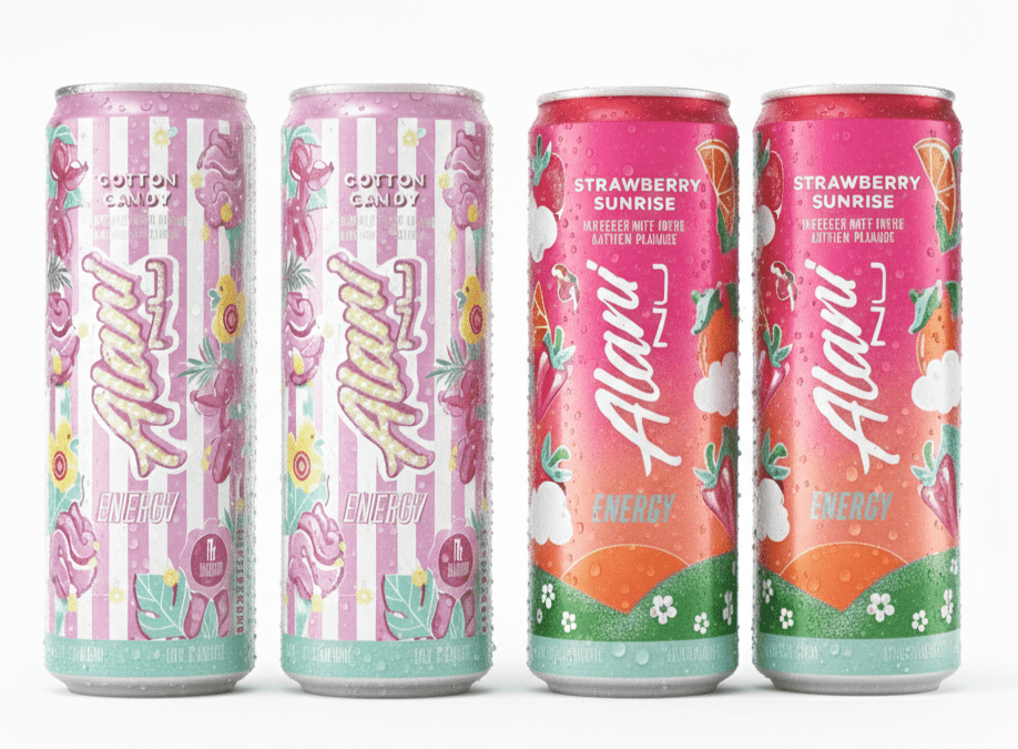 Alani Nu Energy Drinks Limited Addition Cotton Candy & Strawberry Sunrise Flavor Zero Suger, Low - Calorie, Energy Boost Drinks 12 oz (4 Pack)