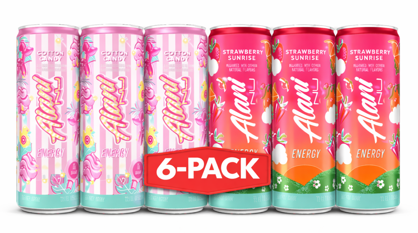 Alani Nu Energy Drinks Limited Addition Cotton Candy & Strawberry Sunrise Flavor Zero Suger, Low - Calorie, Energy Boost Drinks 12 oz (6 Pack)