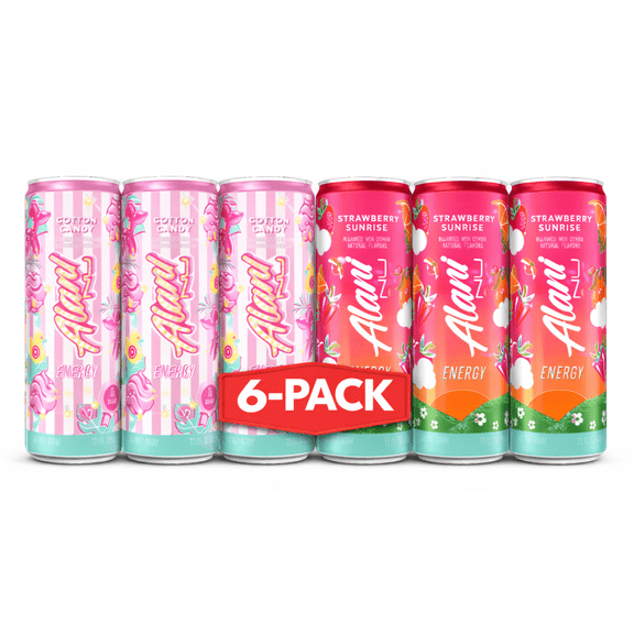 Alani Nu Energy Drinks Limited Addition Cotton Candy & Strawberry Sunrise Flavor Zero Suger, Low - Calorie, Energy Boost Drinks 12 oz (6 Pack)
