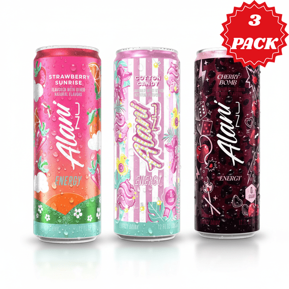 Alani Nu Energy Drinks Limited Edition Cotton Candy, Cherry Bomb, Strawberry Sunrise Flavor Zero Suger, Low - Calorie, Energy Boost Drinks 12 oz (3 Pack)