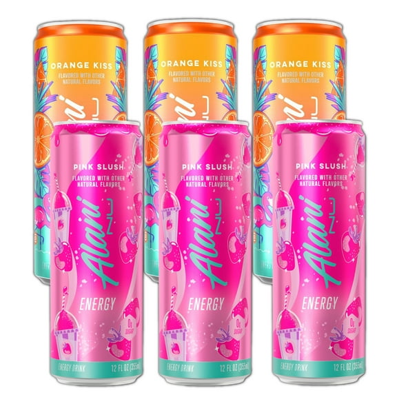 Alani Nu Energy Drinks Pink Slush & Orange Kiss Flavor Zero Suger, Low - Calorie, Energy Boost Drinks 12 oz (6 Pack)