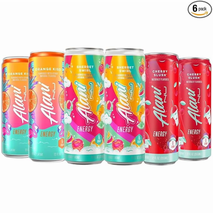 Alani Nu Energy Drinks Sherbet Swirl, Orange kiss, Cherry Slush Flavors Variety Pack Sugar-Free, Low-Calorie, 200mg Caffeine, Energy Boost Drink 12 fl oz (Pack of 6)