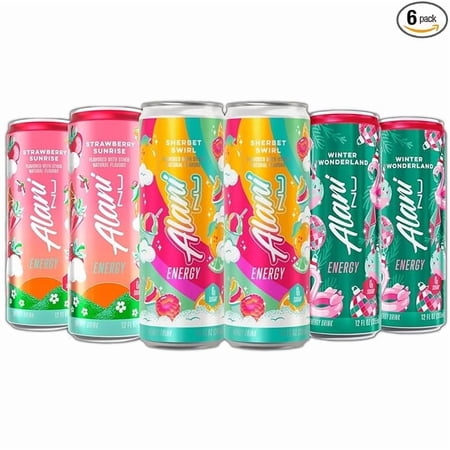 Alani Nu Energy Drinks Sherbet Swirl, Strawberry Sunrise, Winter Wonderland Flavors Variety Pack, Biotin B Vitamins, Sugar-Free, Low-Calorie, 200mg Caffeine, Energy Boost Drink 12 fl oz (Pack of 6)