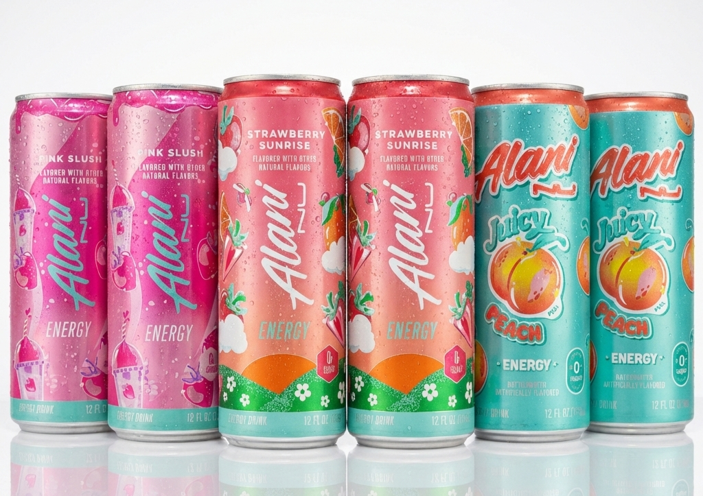 Alani Nu Energy Drinks Strawberry Sunrise, Pink Slush, Juicy Peach Flavors Variety Pack Sugar-Free, Low-Calorie, 200mg Caffeine, 12 fl oz (Pack of 6)