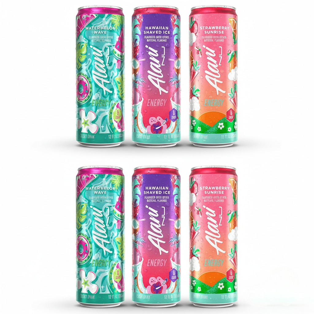 Alani Nu Energy Drinks Strawberry Sunrise, Watermelon Wave, Hawaian Shaved Ice Variety Pack | Sugar Free, Low Calorie Energy Drinks 6 Cans Total (12 fl oz Each) 6 Pack