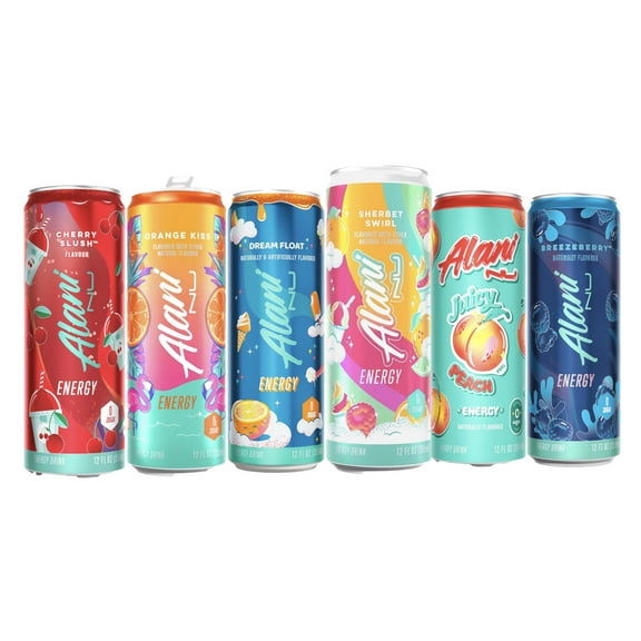 Alani Nu Energy Drinks Variety Pack Sherbet Swirl, Dream Float, Cherry Slush, Orange Kiss, Juicy Peach, Breezeberry Zero Sugar, Low Calorie, Energy Boost Drinks 12 oz (6 Pack)