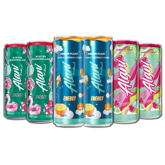 Alani Nu Energy Drinks Variety Winter Wonderland, Cherry Twist, Dream Float Zero Suger, Low - Calorie, Energy Boost Drinks 12 oz (6 Pack)