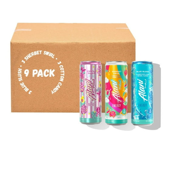 Alani Nu Energy Slush Variety, 12 fl oz, 9-pack, Blue Slush, Sherbet Swirl, Cotton Candy