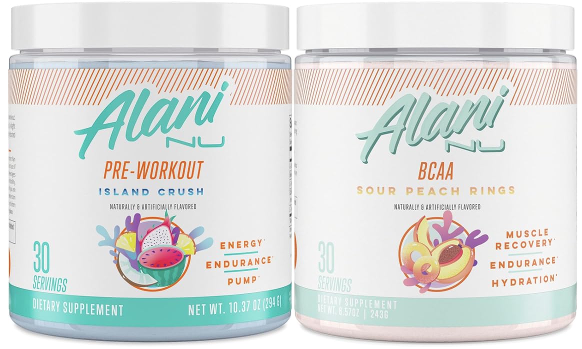 Alani Nu Island Crush Pre Workout and BCAA Sour Peach Rings Post Workout Powder Bundle