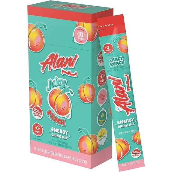 Alani Nu Juicy Peach Energy Sticks | Energy Drink Powder | 200mg Caffeine | Pre Workout Performance with Antioxidants | On-The-Go Drink Mix | Biotin, B Vitamins | Zero Sugar | 10 Calories | 10 Pack