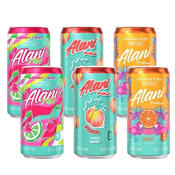 Alani Nu Mini Energy Drink Sugar Free, Low Calorie,Cherry Twist, Orange Kiss, Juicy Peach, Variety Pack 8.4oz (6 pack)