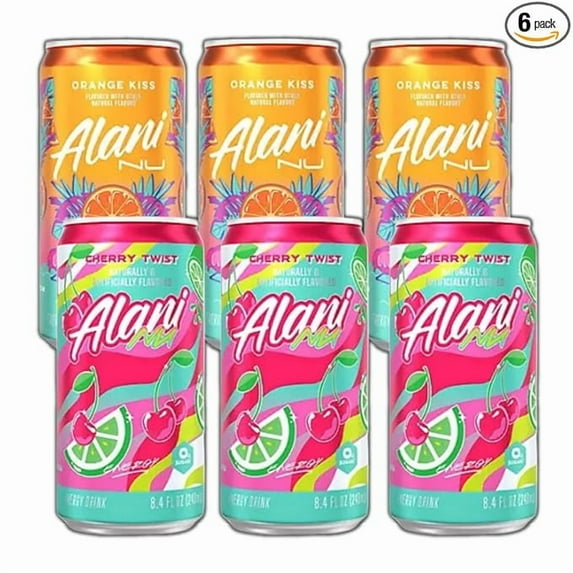 New Alani Energy Drinks Orange Kiss, Cherry Twist Variety Pack, Sugar Free, 8.4oz Mini Cans (6 pack)