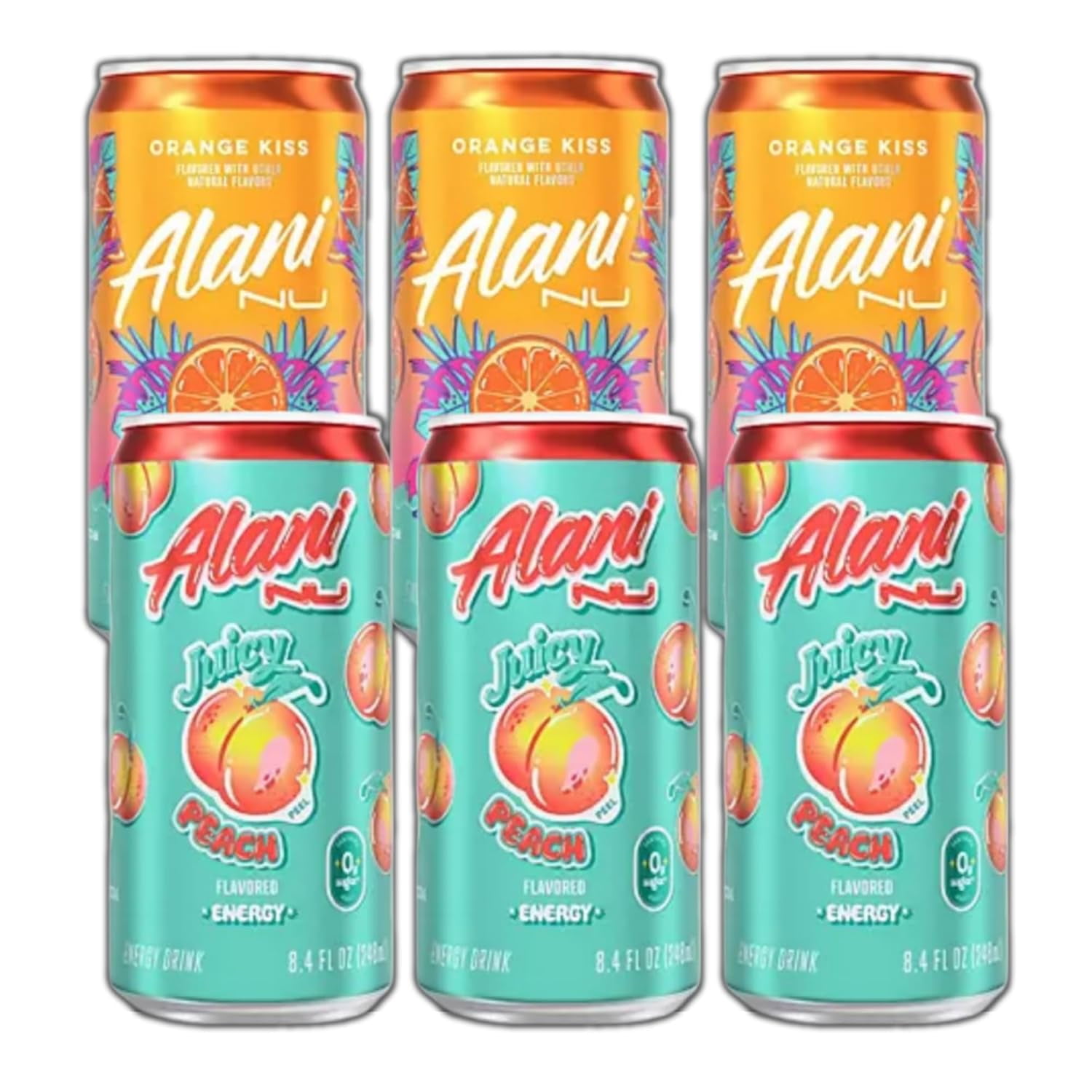 Alani Nu Mini Energy Drink Sugar Free, Low Calorie, Juicy Peach, Orange Kiss, Variety Pack 8.4oz (6 pack)