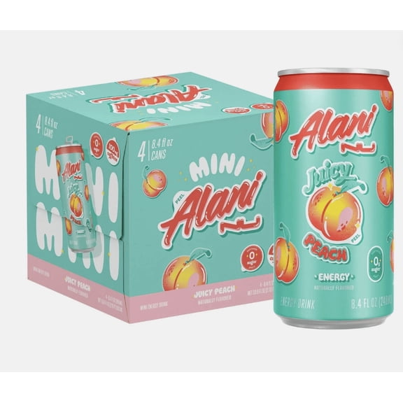 Alani Nu Mini Juicy Peach Sugar Free Energy Drink 8.4 Fl Oz (Pack of 4)