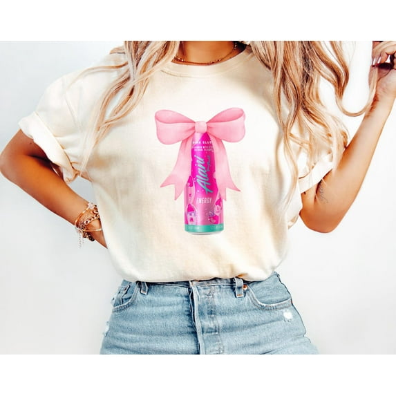 Alani Nu Pink Bow Coquette T-Shirt, Energy Drink, Trendy Pink Bow Shirt,Natural color,size M