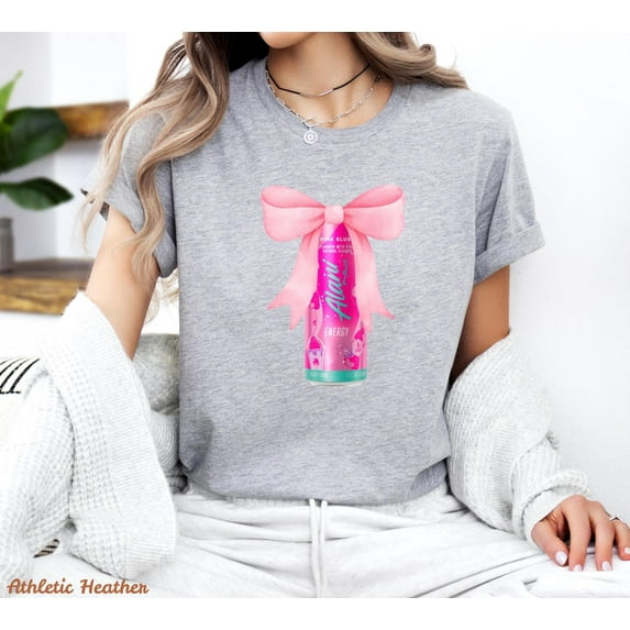 Alani Nu Pink Bow Coquette T-Shirt, Energy Drink, Trendy Pink Bow Shirt,Sport Grey color,size L