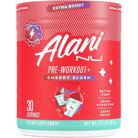Alani Nu Pre-workout+ Powder, Cherry Slush, 30 Servings, 300mg Caffeine
