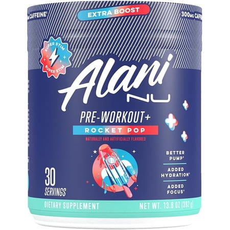 Alani Nu Pre-workout+ Powder, Rocket Pop, 30 Servings, 300mg Caffeine