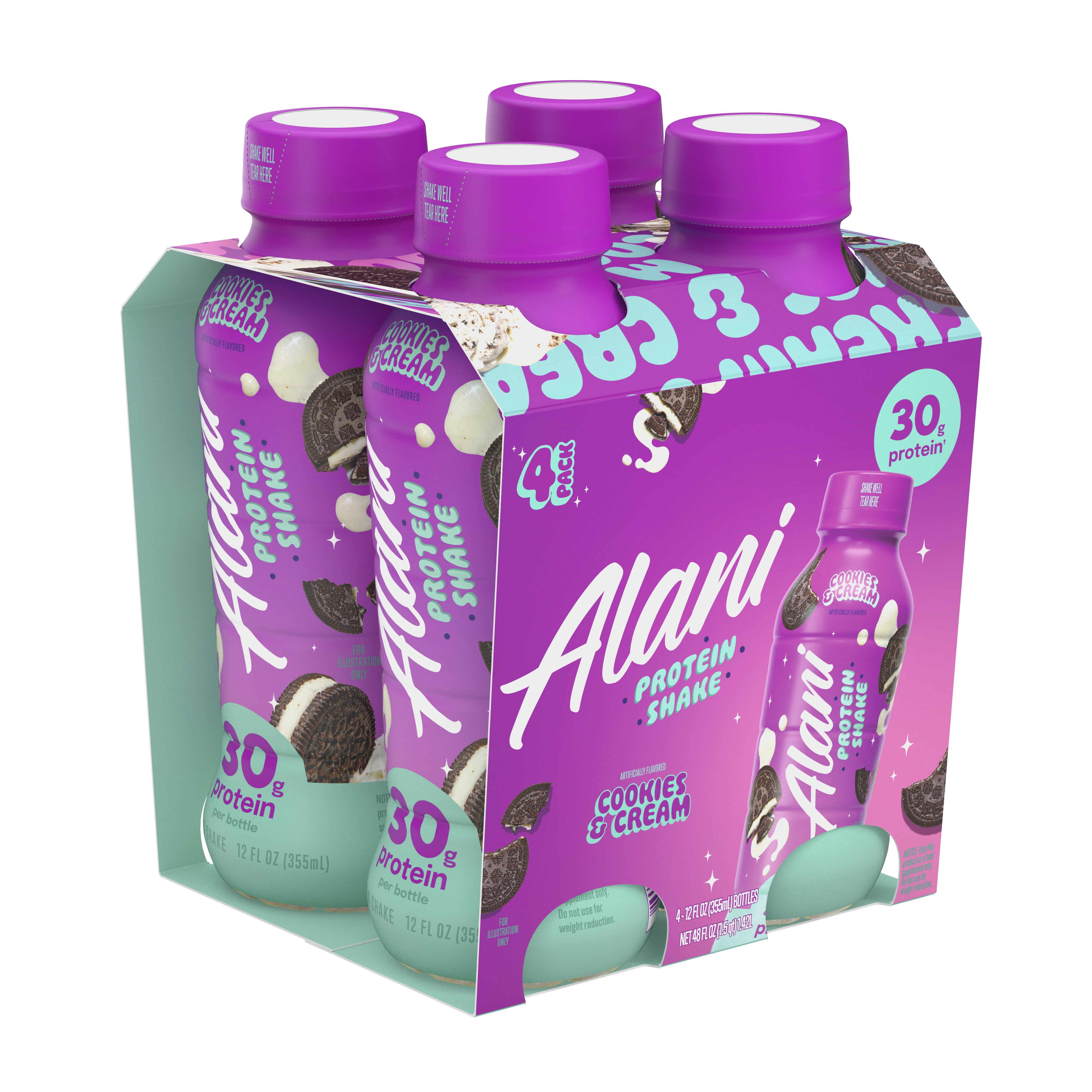 Alani Nu Protein Shake, Cookies & Cream, 12 fl oz, 4 Pack, Bottles, 30g Protein, Gluten Free